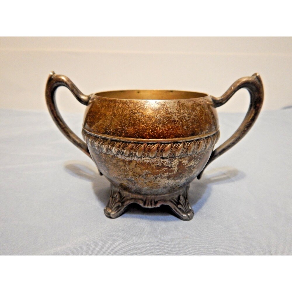 Antique Silverplate Sugar Bowl Twin Handle Footed Gadroon Border Scroll Feet